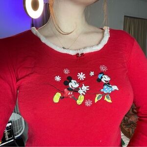 Disney Christmas Mickey Mouse Faux Fur Trim Tee